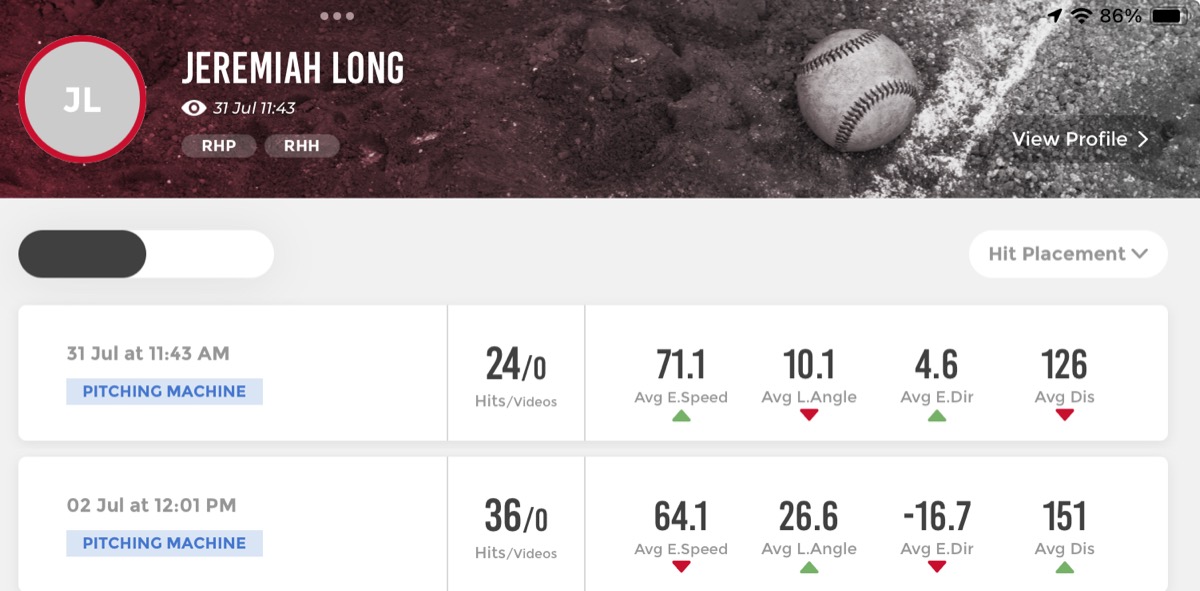 Jeremiah Long player profile — session exit velocity tracking